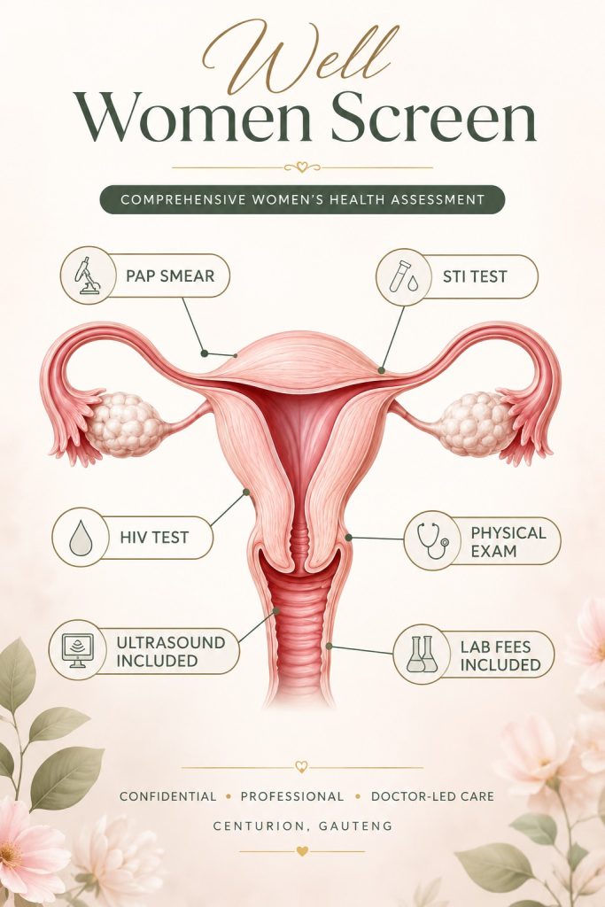 Well Woman Screen includes a pap smear, STI testing, HIV test, physical exam and an ultrasound. Lab fees are included.