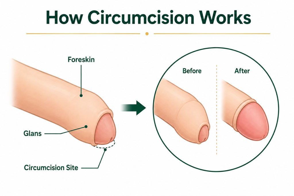 Medical infographic explaining how circumcision works. Educational diagram showing the foreskin, glans, and circumcision site with a before-and-after comparison illustrating foreskin removal. Professional patient education graphic used by Reproductive Choices SA in Centurion to explain adult and adolescent circumcision procedures for patients aged 12 years and older.