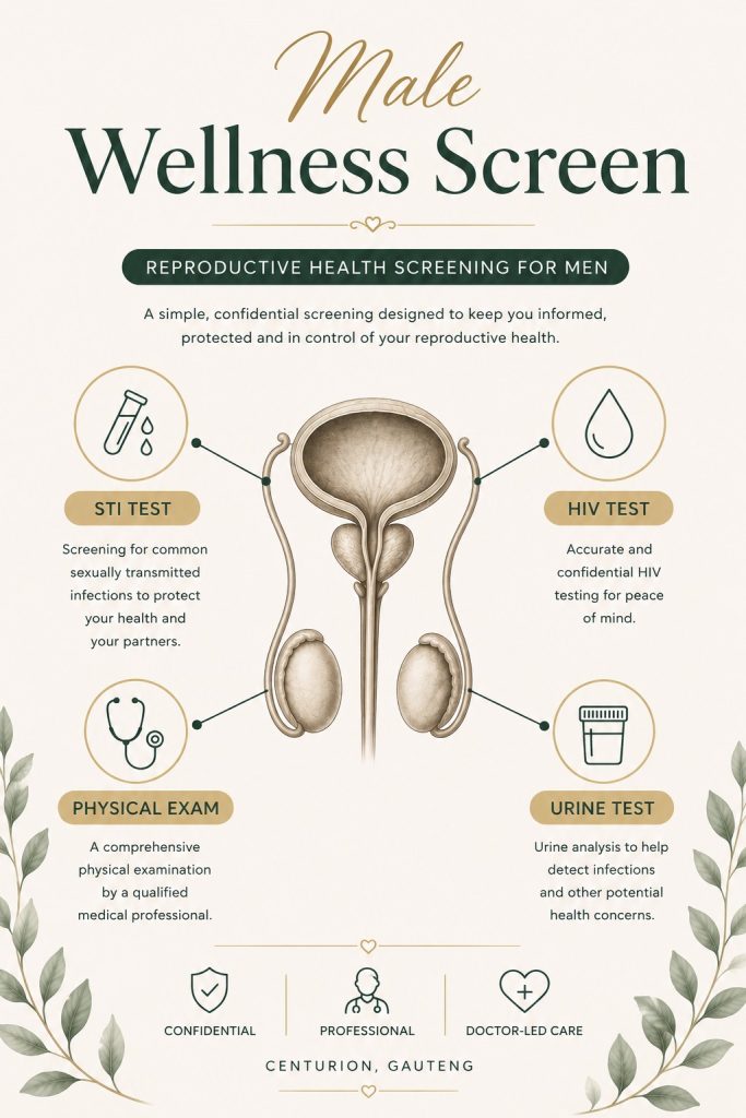 Male Wellness Screen infographic showing a comprehensive reproductive health screening for men at Reproductive Choices SA in Centurion. The screening includes STI testing, HIV testing, a physical examination, and urine testing. The image features a male reproductive system diagram with icons illustrating each component of the wellness screen, highlighting confidential, professional, doctor-led care.