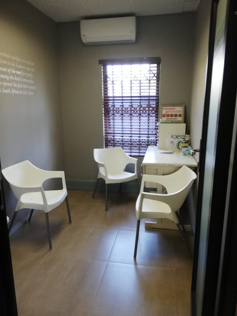 Comfortable counselling room at Reproductive Choices SA providing a confidential setting for one-on-one patient care and guidance.