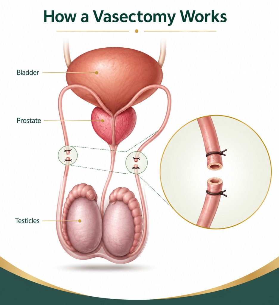 Medical illustration showing how a vasectomy works by interrupting and sealing the vas deferens to prevent sperm from entering the semen. Diagram includes the bladder, prostate gland, and testicles with a magnified view of the vasectomy site. Educational graphic used by Reproductive Choices SA in Centurion to explain permanent male contraception.